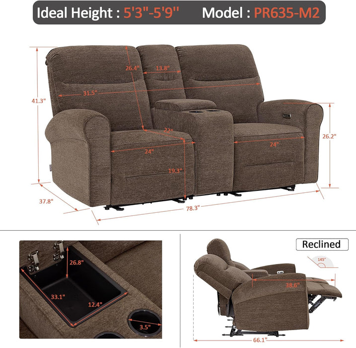 78.3" Wall Hugger Power Loveseat Recliner Sofa with Console, Reclining Loveseat with USB Ports, Cup Holders, for Small Spaces Living Room RV, Fabric PR635M2 (Dark Brown)