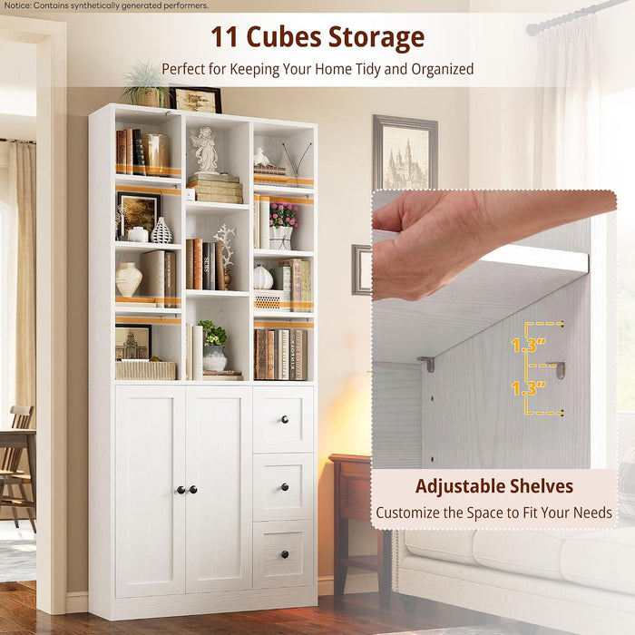 Bookshelf with 2 Doors and 3 Drawers, 71" Storage Bookcase, White