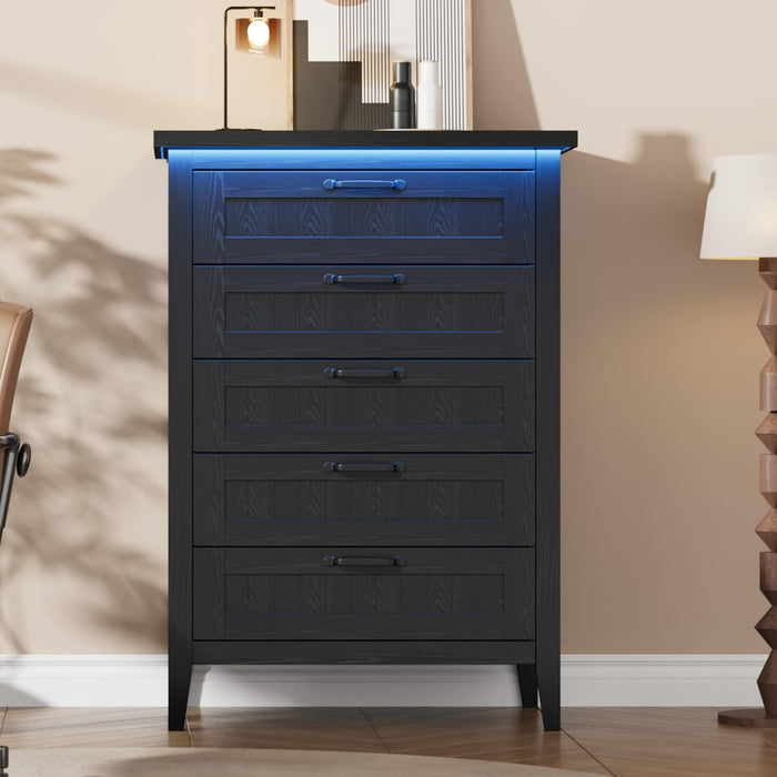 5 Drawer Dresser for Bedroom with Charging Station and LED Lights, Farmhouse 44.9" Tall Chest of Dresser with Large Storage, Rubst Wood Construction for Living Room, Hallway & Entryway, Black