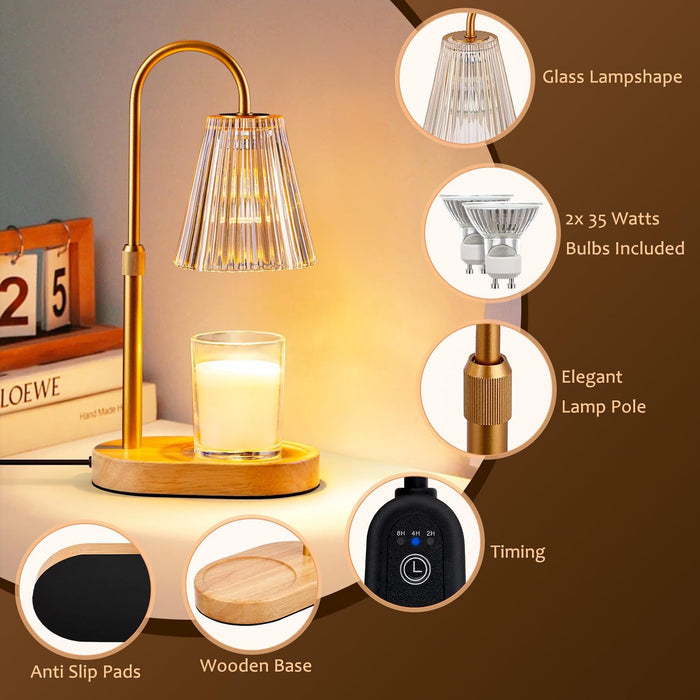 Candle Warmer Lamp with Timer - Electric Candles Wax Warmers Glass Lamps for Jar Candles Burner Adjustable Height and Dimmable Light Modern No Flame Scented Candle Warming Lantern, Amber