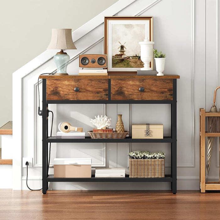 29.5" Narrow Console Table with Power Outlet, Small Entryway Table with 2 Fabric Drawers, behind Couch Table Sofa, 3-Tier Storage Shelves, for Living Room, Hallway, Rustic Brown BF72UXG01