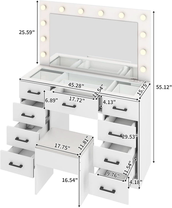 Vanity Desk with Large Lighted Mirror & Powre Outlet, Glass Tabletop Makeup Vanity Set with 9 Drawers, 45.3" Vanity Table with 3 Color Lighting Modes, Dressing Table for Women Girls, White