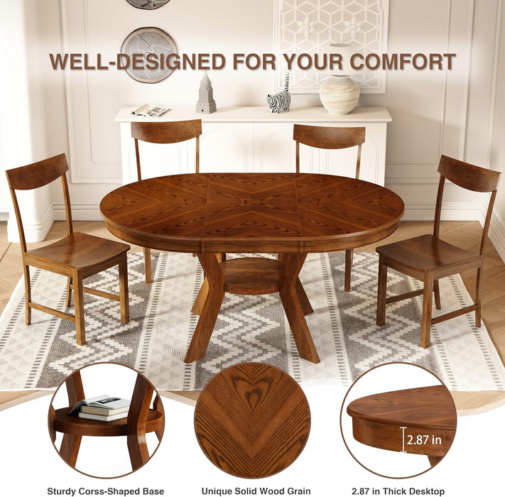 43.7In-59In Solid Wood Frame round Extendable Dining Table for 4-8, Modern Kitchen Oval Dining Table with Wooden Pedestal Base, Unique Wood Grain with Storage Shelf for Kitchen Living Room