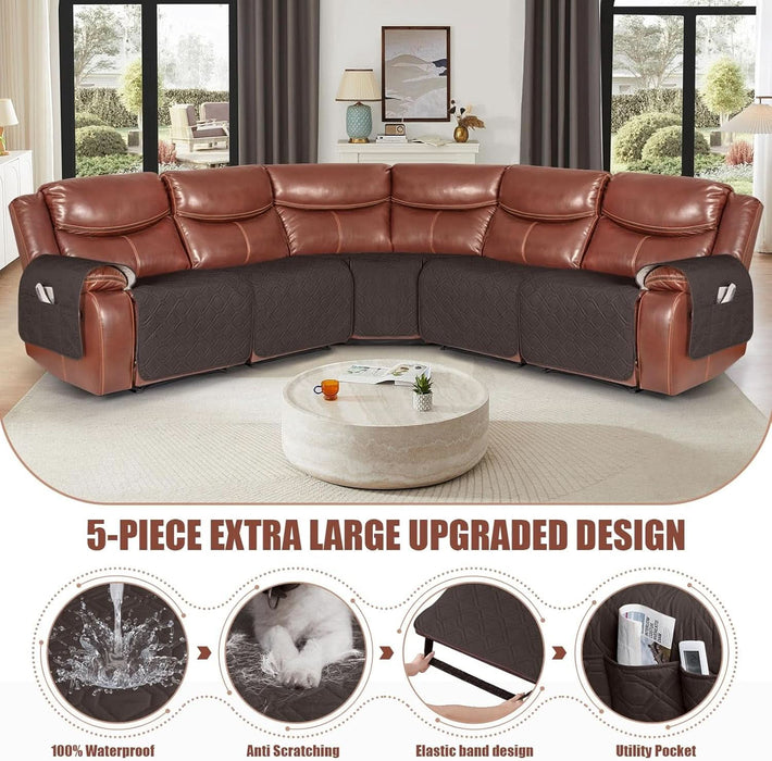 Extra Large Reclining Sectional Couch Covers, Waterproof 5-Piece Sofa Covers for L Shape Sectional Sofa Corner Seater Washable Slipcover for Pets, Dogs(5 Seat Recliner Cover, Chocolate)