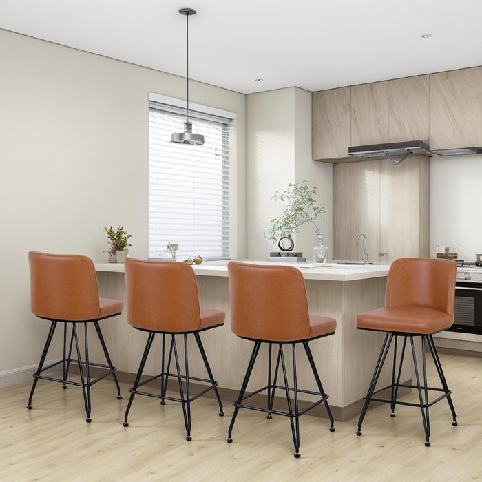 Swivel Bar Stools Set of 4, 26 Inch Counter Height Barstools, Faux Leather Bar Stool with Backs and Solid Metal Legs, Industrial Heavy Duty Counter Stools for Kitchen Island, Pub, Brown