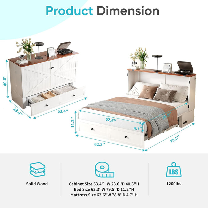 Queen Size Murphy Bed with Tri-Folding Mattress，Murphy Bed with Charging Station and Two Large Storage Drawers for Small Spaces/Bedroom（White）