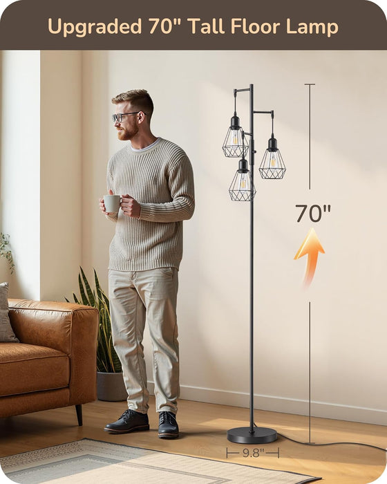 70IN Farmhouse Floor Lamps for Living Room, Dimmable Industrial Tall Standing Lamps 3 LED Edison Bulbs Included, Diamond-Shaped Cage, Rustic Tree Corner Light for Bedroom, Office, Black