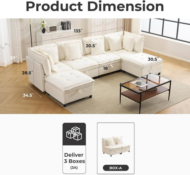 White OneThirtyThreeInch Modular Sectional Sofa Hidden Storage