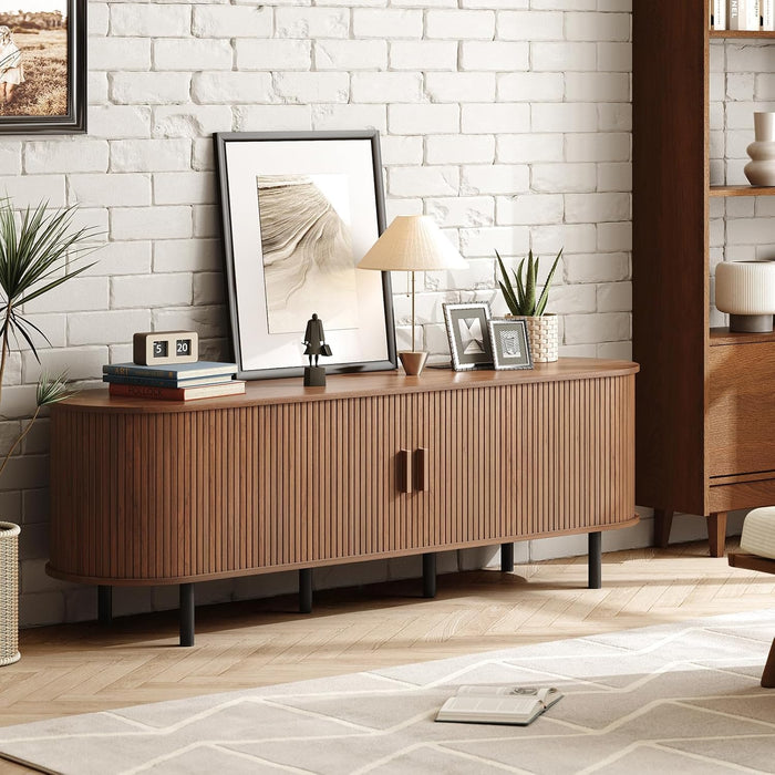 70.8" TV Stand with Power Outlet for Tvs up to 75 Inch, Entertainment Center with Storage and Adjustable Shelves, Modern Media Console with Sliding Doors for Living Room, Walnut