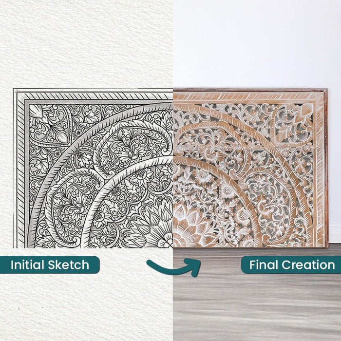 Queen Wood Headboard White-Wash | Carved Full Headboard Only | Wooden Headboard Full Size Bed | Wall Mount Headboard Queen | Full Bed Headboard Panels (Queen, Sumber, Antic)