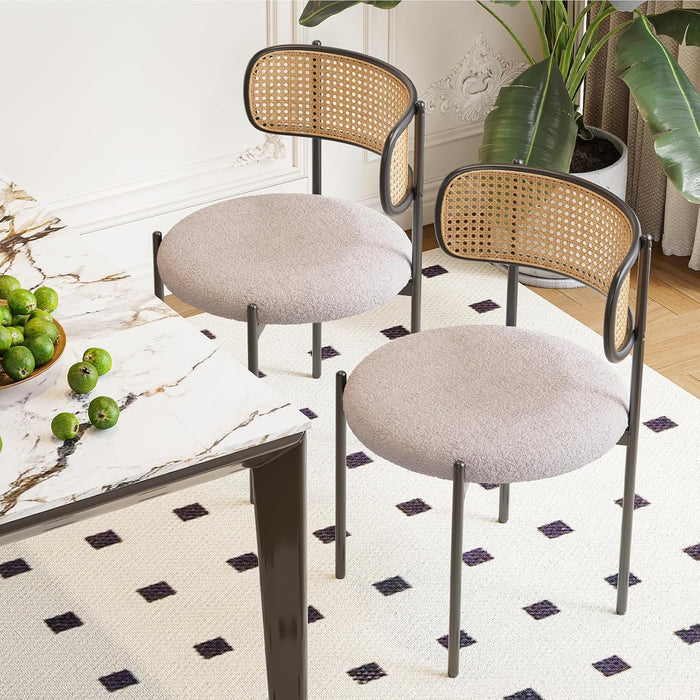 Kitchen Chairs Set of 2, Mid-Century Modern Dining Chairs,Kitchen Dining Room Chairs, Rattan Backrest round Upholstered Sherpa Dining Chairs(Gray)