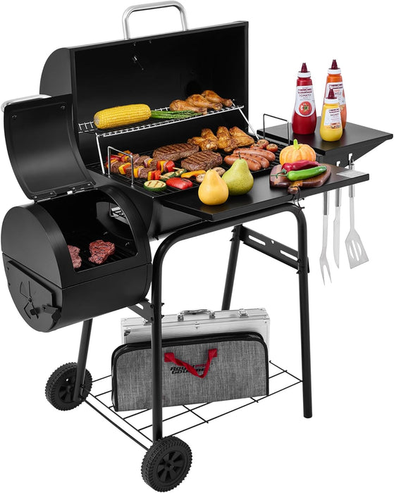 CC1624S Barrel Charcoal Grill with Offset Smoker, 552 Sq. In. Cooking Area, Steel Front Shelf, Steel Side Shelf with Hooks, Charcoal Grill for Outdoor Grilling, Black