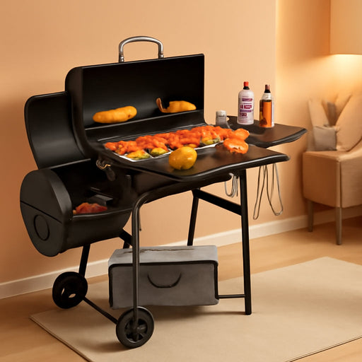 Barrel Charcoal Grill with Offset Smoker, Side Shelf with Hooks, Mesh Bottom Shelf, Blow-Molded Wheels, Outdoor Grilling and Backyard Cooking, CC1624S, Black