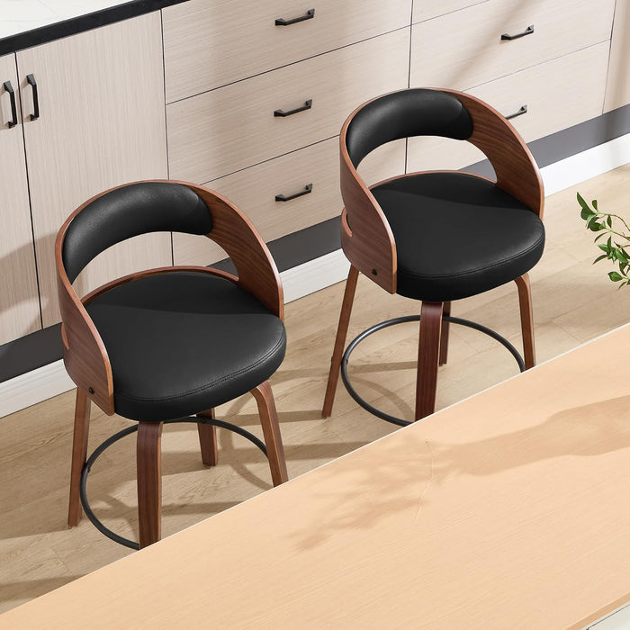 Swivel Bar Stools Set of 2,26" Faux Leather Upholstered Counter Height Barstools with Back,Mid-Century Modern Bar Chairs with Bentwood Legs and Footrest for Kitchen Island Bar Counter Black