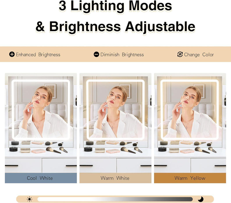 Small Vanity Desk with Mirror and Lights, Makeup Vanity with 2 Large Drawers and Stool, White Dressing Table for Girls Bedroom