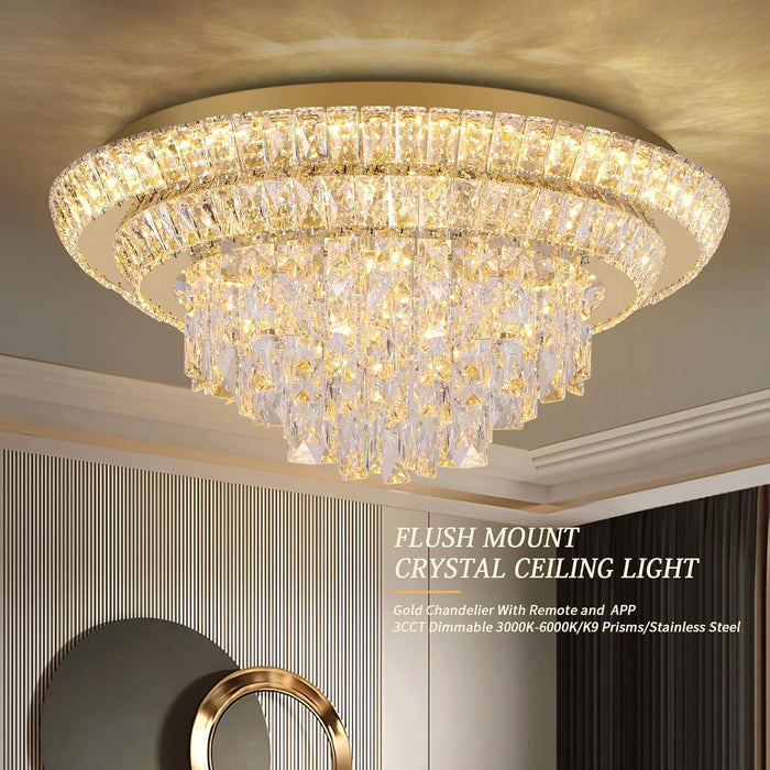 24in Crystal Chandelier Flush Mount Remote Control