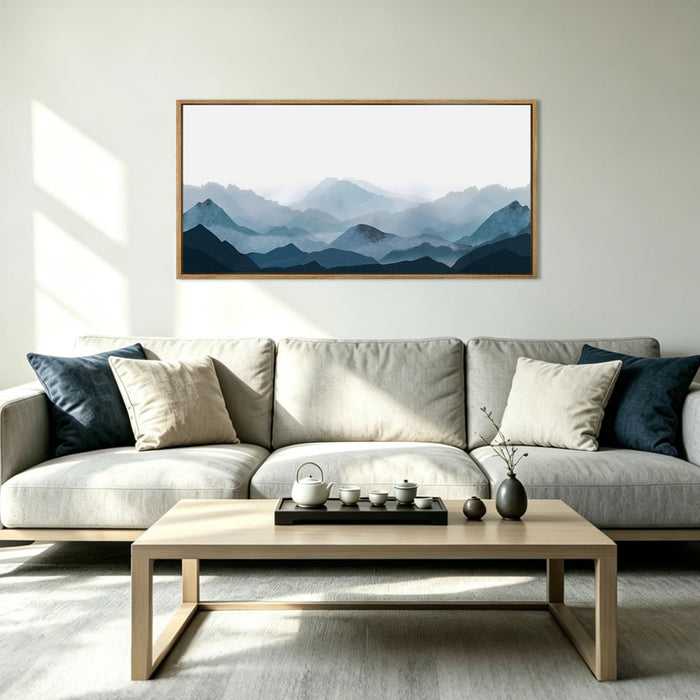 Blue Framed Mountain Landscape Wall Art Fog Mountain Painting Wall Decor Minimalist Blue Artwork Blue Mountains Wall Paintings Simple Landscape Wall Pictures for Bedroom Living Room Office Home Decor 20X40 Inch