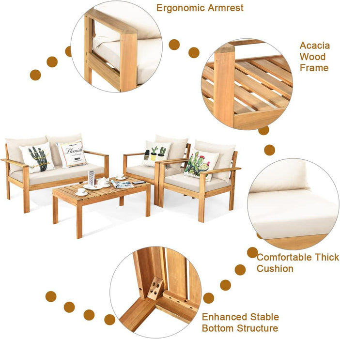 Outdoor 4-Piece Acacia Wood Chat Set, 4 Seater Acacia Wood Conversation Sofa and Table Set with Water Resistant Cushions, Teak Finished (1, White)
