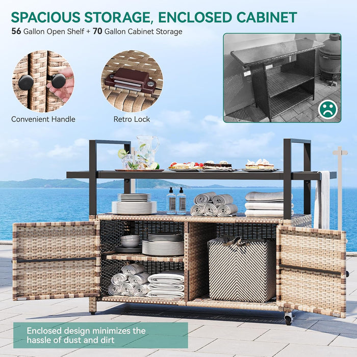 Large Outdoor Kitchen Wicker Island Rolling Cart & Patio Bar Table, W/Wheels and Black Glass Table Top Backyard and Poolside Light Brown