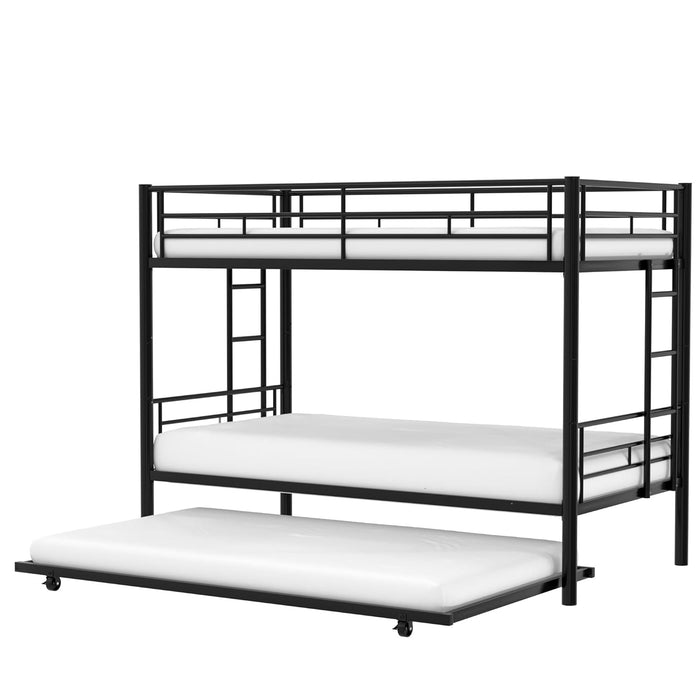 Twin over Twin Bunk Bed with Trundle, Metal Bunkbeds with Ladder and Full-Length Guardrail, Noise Free, No Box Spring Needed, Black