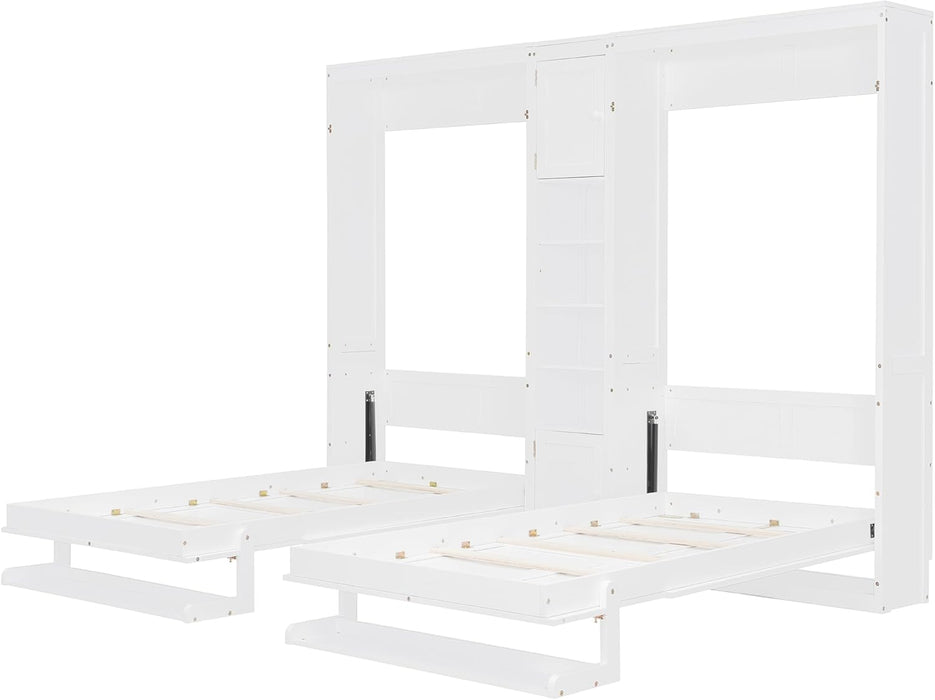Dual Twin Size Murphy Bed, Twin Wall Beds with Cabinets and Shelves, White
