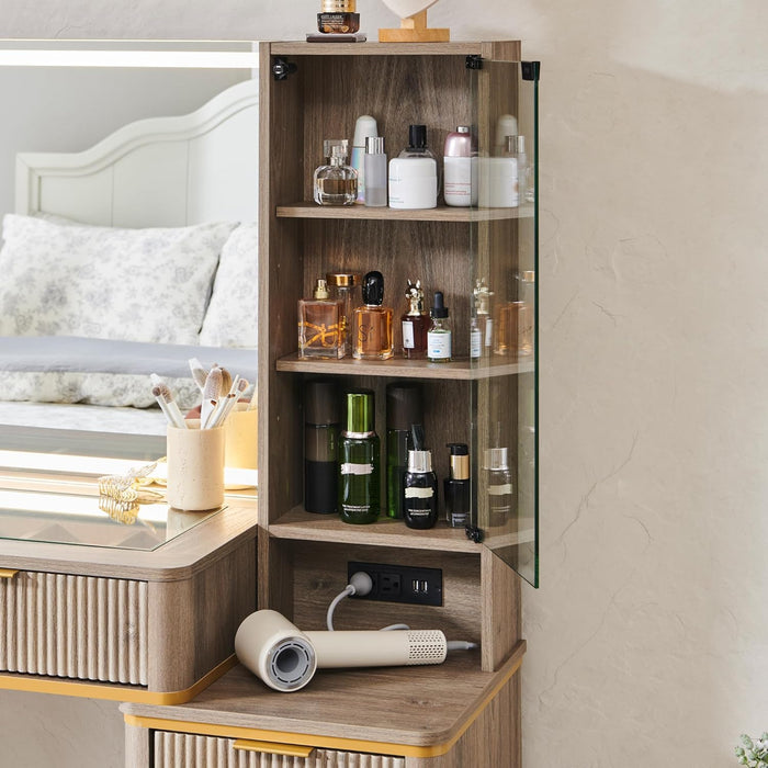 Fluted Makeup Vanity Desk with 36" HD Lighted Mirror, 48" Big Modern Vanity Desk with Mirror and Lights, Dressing Table with 5 Drawers & Shelves, Glass Top for Bedroom (Alder Grey)