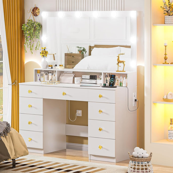 Vanity Desk with Lighted Mirror, Makeup Vanity Table with Power Outlet, 9 Drawers & Crystal Handles, 43.3” Large Vanity Desk Dressing Table for Women, Girls, Bedroom, White