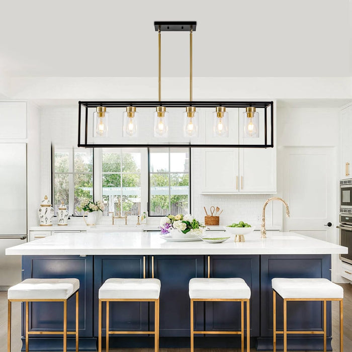 6 Lights Modern Dining Room Light Fixtures over Table Black & Brushed Brass Gold Farmhouse Chandelier Rectangular Pendent Lighting for Kitchen with Glass Shade Long Linear Industry Hanging Light