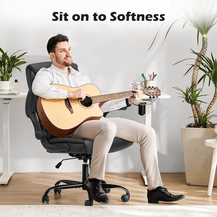 Office Chair - Ergonomic Executive Computer Desk Chairs with Adjustable Flip-Up Armrest, Swivel Task Chair with Lumbar Support, Strong Metal Base, PU Leather, Black