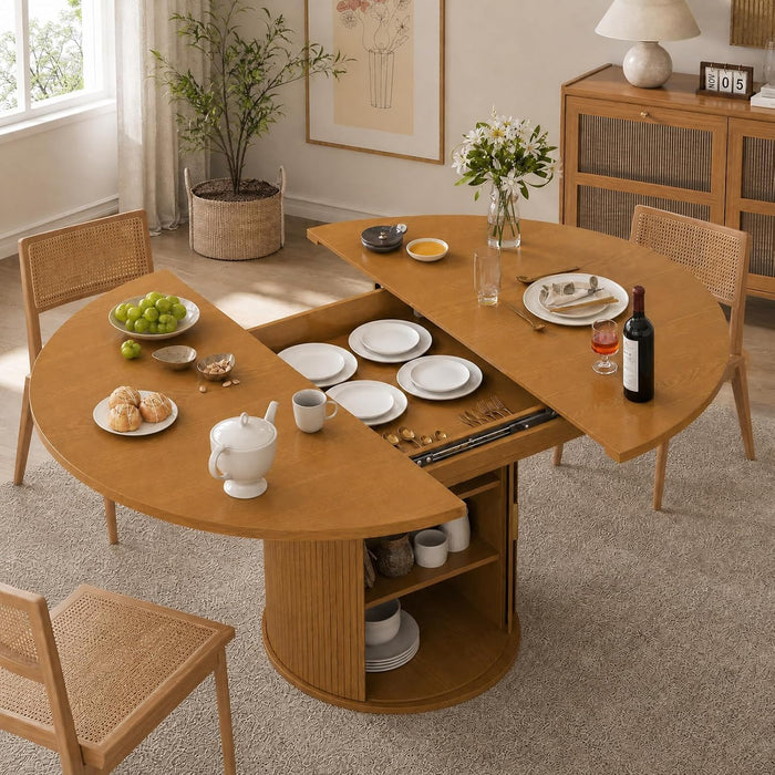 47"-63" Extendable round Dining Table for 4–8 with Storage, Mid Century Modern Farmhouse Wood Oval Dinner Table with Pedestal Base for Kitchen, Living Room (Yellow Walnut)