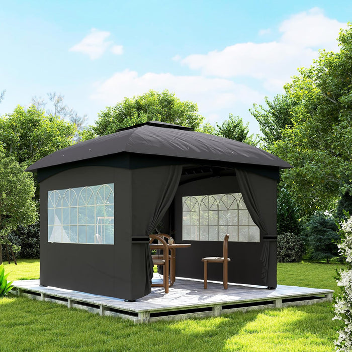 11' X 11' Outdoor Gazebo Arc Patio Gazebo Canopy Shelter with UV Protection, Curtains, Church Windows, Double Roof, Galvanized Steel Frame for Lawn, Backyard and Deck, Dark Gray