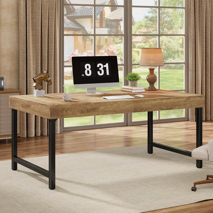 55" Industrial Executive Desk for Home Office, Rustic Simple Computer Laptop Desk with Strong Metal Legs, Study Writing Table Business Workstation, Small Conference Table