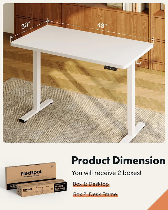 FLEXISPOT EN1 One-Piece Standing Desk, Electric Adjustable with 4 Memory Presets, 176 LBS Capacity, Stable & Quiet, Seamless Desktop for Home Office & Dual Monitors, 48"X30" White(White Frame)
