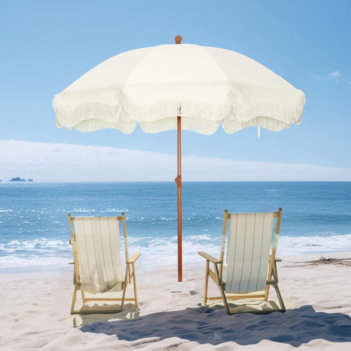 7Ft Fringe Beach Umbrella White with Sand Anchor, Outdoor Patio White Portable Beach Umbrella for Sand with Tassels, Push Button Tilt & Carrying Bag, UPF 50+