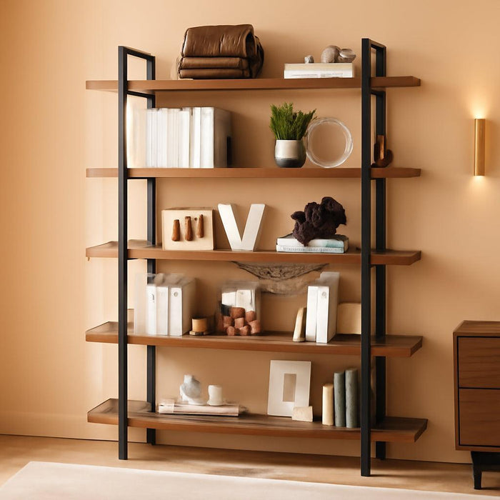 5-Tier Industrial Bookcase, 47 Inch Wide Wood Bookshelf, 120Lbs Shelf Capacity, Rustic Open Shelving Heavy Duty Display with Reinforced Horizontal Brown Shelves for Living Room Bedroom Office