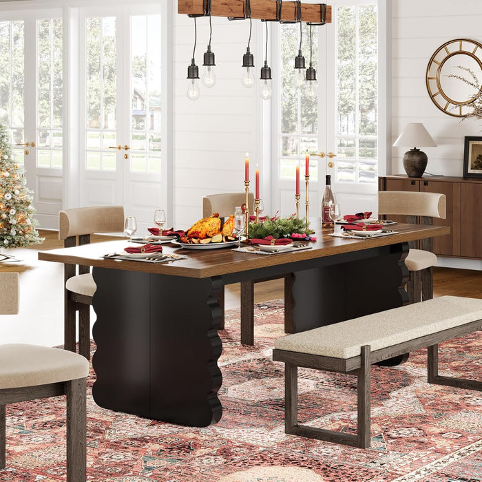 63-Inch Wooden Dining Table for 4-6 People, Modern Large Rectangular Kitchen Table with Thick Black Wave-Shaped Legs for Dining Room, Restaurant