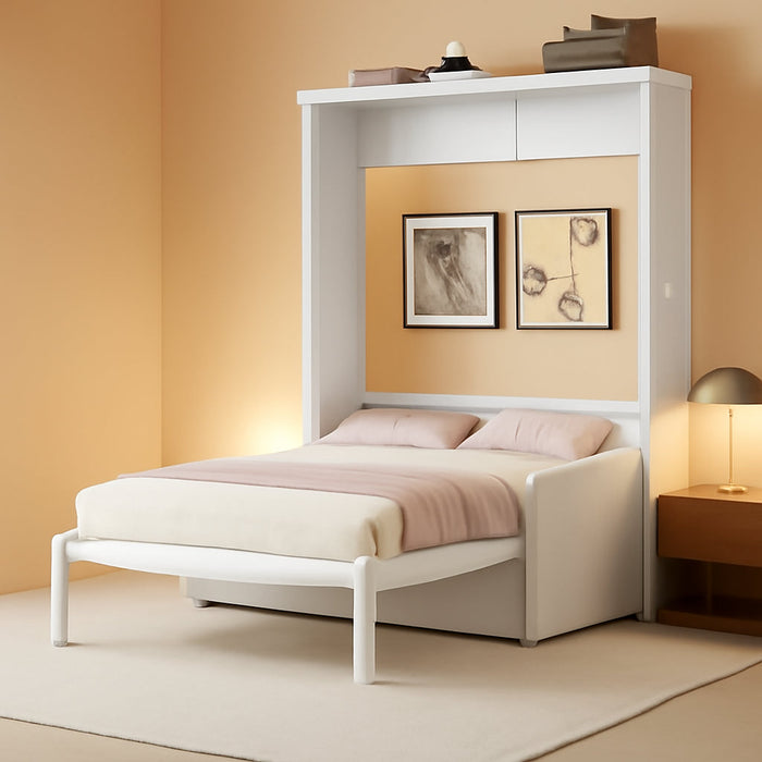 Queen Size Murphy Bed, Foldable Cube Bed Platform Bedframe with Sofa, Wooden Slat Support for Guest Room, Study, Office, White