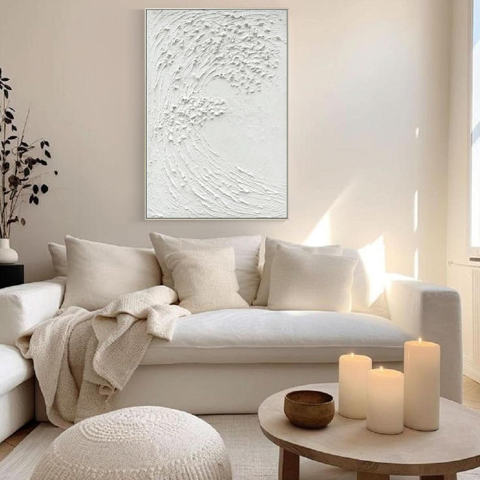 White Textured Wall Art - Hand Painted Ocean Waves Oil Painting Framed Large Minimalist Canvas Artwork for Living Room 45X30 Vertical Wall Decor