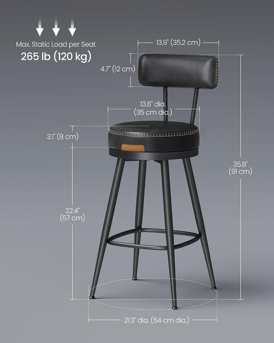 VASAGLE EKHO Collection - Bar Stools Set of 2, Swivel Counter Height Bar Stools with Back, Synthetic Leather with Stitching, Mid-Century Modern, 25.6-Inch Tall Barstools, Ink Black ULBC089B01V2