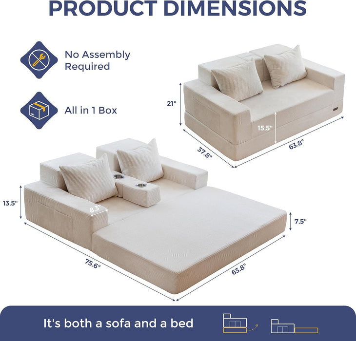 Beige Foldable Convertible Sleeper Sofa With CupHolders