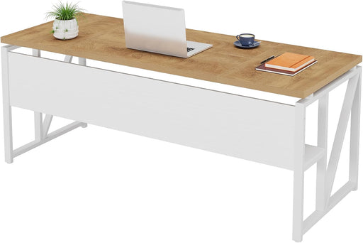 63 Inches Computer Desk with Bottom Storage Shelf Home Office Desk Writing Table for Workstation, Dark Walnut + Steel Leg, Cabinet Not Included (Light Oak, 63-Inch-With Shelf)
