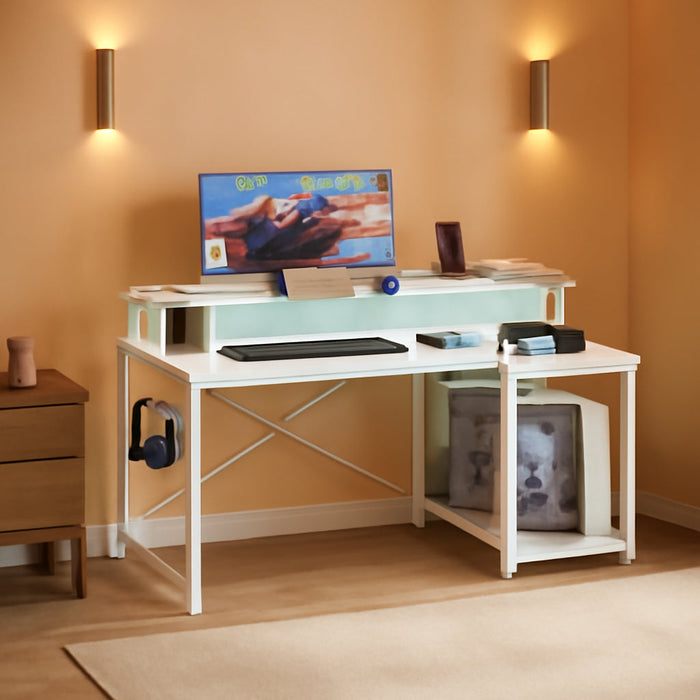 Computer Desk, 48 Inch Gaming Desk with Led Lights & Power Outlet, Office Desk with Printer Storage Shelves, Reversible Desk with Monitor Shelf & Headphone Hook, White