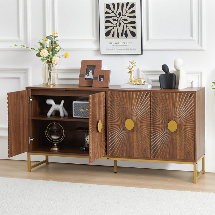 Sideboard Buffet Cabinet with Storage, Luxury Kitchen Storage Cabinet with 4 Doors and Adjustable Shelves, Accent Coffee Bar Buffet Table for Kitchen Dining Room (Walnut)