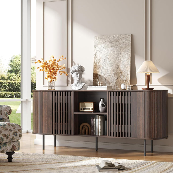 65 Inch TV Stand for Tvs up to 75 Inch, Mid Century Modern Entertainment Center with Storage and Adjustable Shelves, Curved Profile Design,Media Console with Cable Management for Living Room, Brown