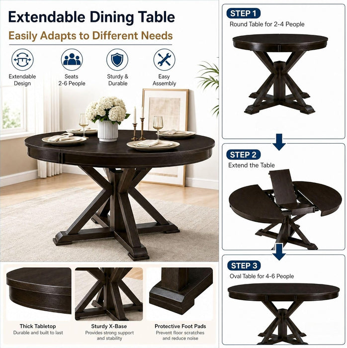 42"-54" Extendable Dining Table for 4-6 People Farmhouse Round/Oval Dining Room Table Solid Wood Kitchen Table with Cross Base, Only Table (Dark Brown)