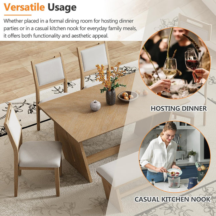6-Piece Retro Dining Set, 1 Rectangular Table with Stable Trapezoidal Table Base and 4 Upholstered Chairs and 1 Bench for Dining Room and Kitchen, Natural Wood Wash