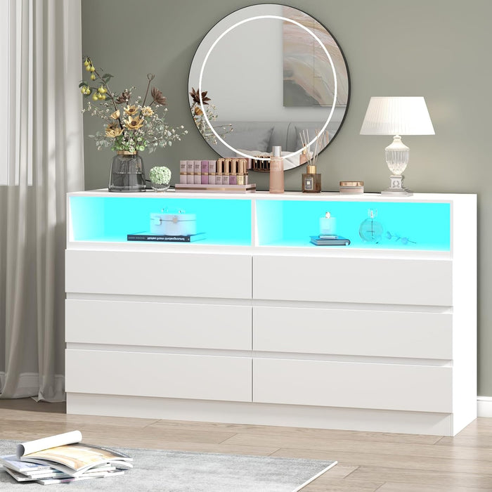 6 Drawer Double Dresser with Power Outlet, Accent Chests of Drawers with LED Light, Modern White Storage Dresser with Charging Station (Mirror Not Included)