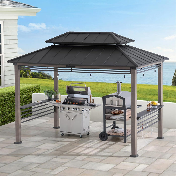 Wooden Grill Gazebo with AC Power Port, 8 X 12 Ft. Steel Hardtop Outdoor Gazebo for Year-Round Grilling, Cedar Framed Gazebo with Built-In Electrical Outlets and Decorative Fence, Black