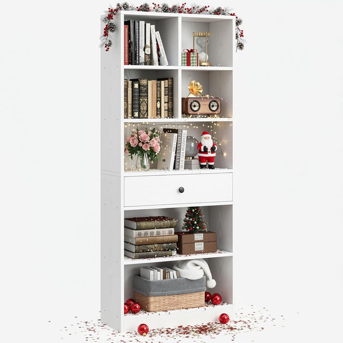 Bookcase and Bookshelves, 70" Tall Bookshelf Floor Standing 6 Tiers Display Storage Shelves, Book Shelf with Drawers for Home Office, Living Room, Bedroom, Library, White