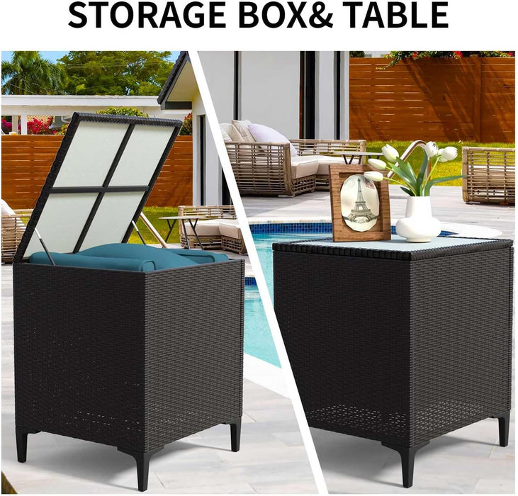 4-Piece Rattan Patio Furniture Set, Waterproof Wicker Outdoor Sectional Sofa with Thick Cushions, All-Weather PE Rattan Conversation Set for Porch, Poolside (Peacock Blue, Black Rattan)